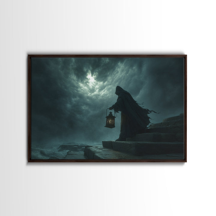 The Lantern-Bearer Of R’Lyeh, Landscape Wall Art, Spooky Home Decor, Framed Canvas Print, Halloween Wall Decor, Gothic Home Decor