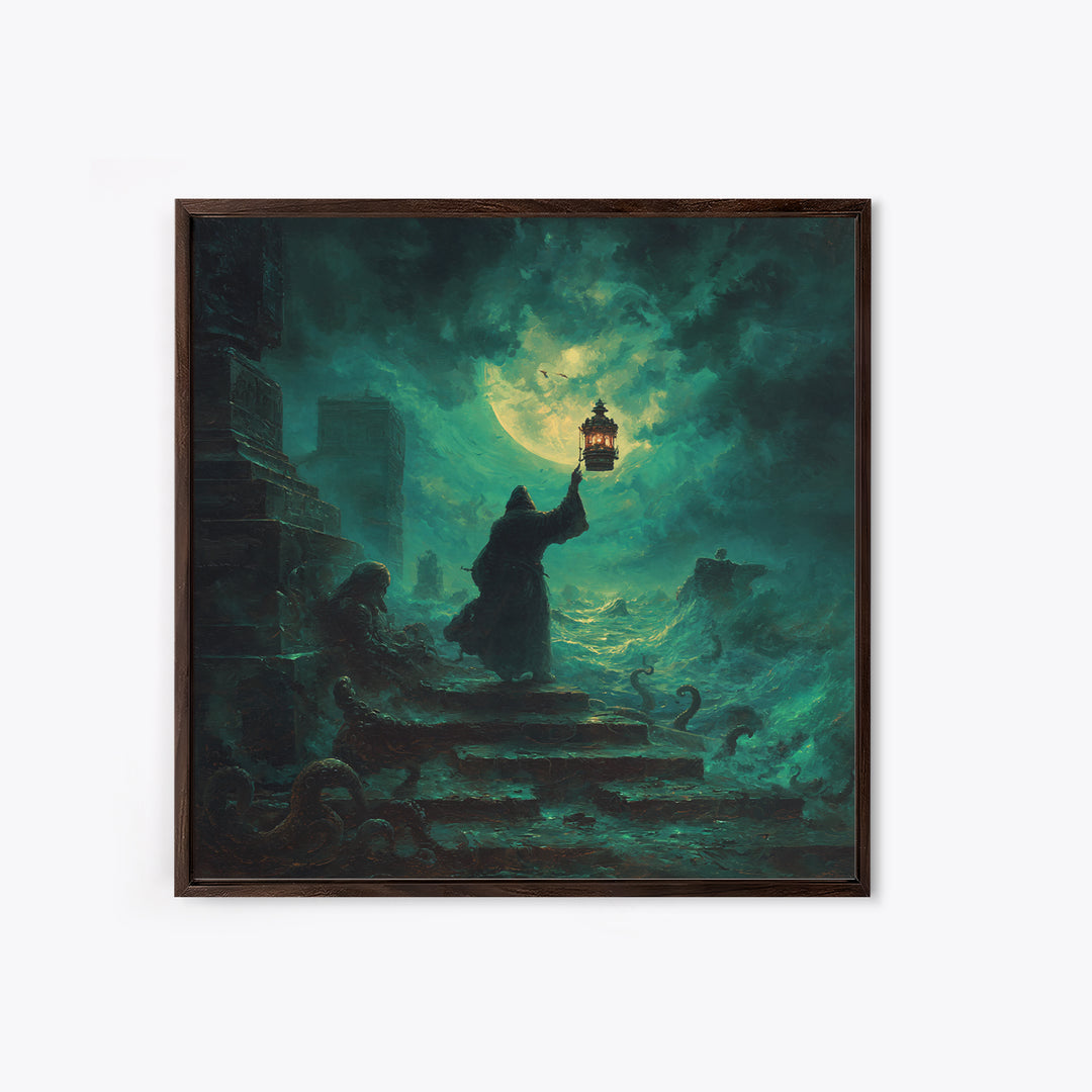 The Lantern-Bearer Of R’Lyeh, Square Wall Art, Spooky Home Decor, Framed Canvas Print, Halloween Wall Decor, Gothic Home Decor