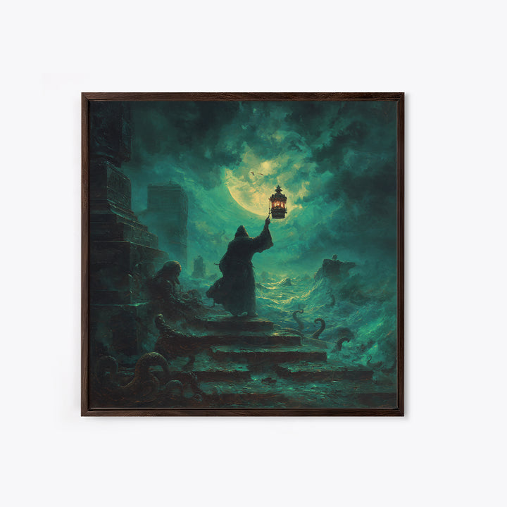The Lantern-Bearer Of R’Lyeh, Square Wall Art, Spooky Home Decor, Framed Canvas Print, Halloween Wall Decor, Gothic Home Decor