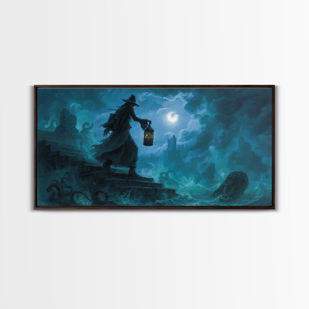 The Lantern-Bearer Of R’Lyeh, Wide Panoramic Art, Lovecraftian Horror Art, Canvas Print, Halloween Wall Decor, Gothic Home Decor