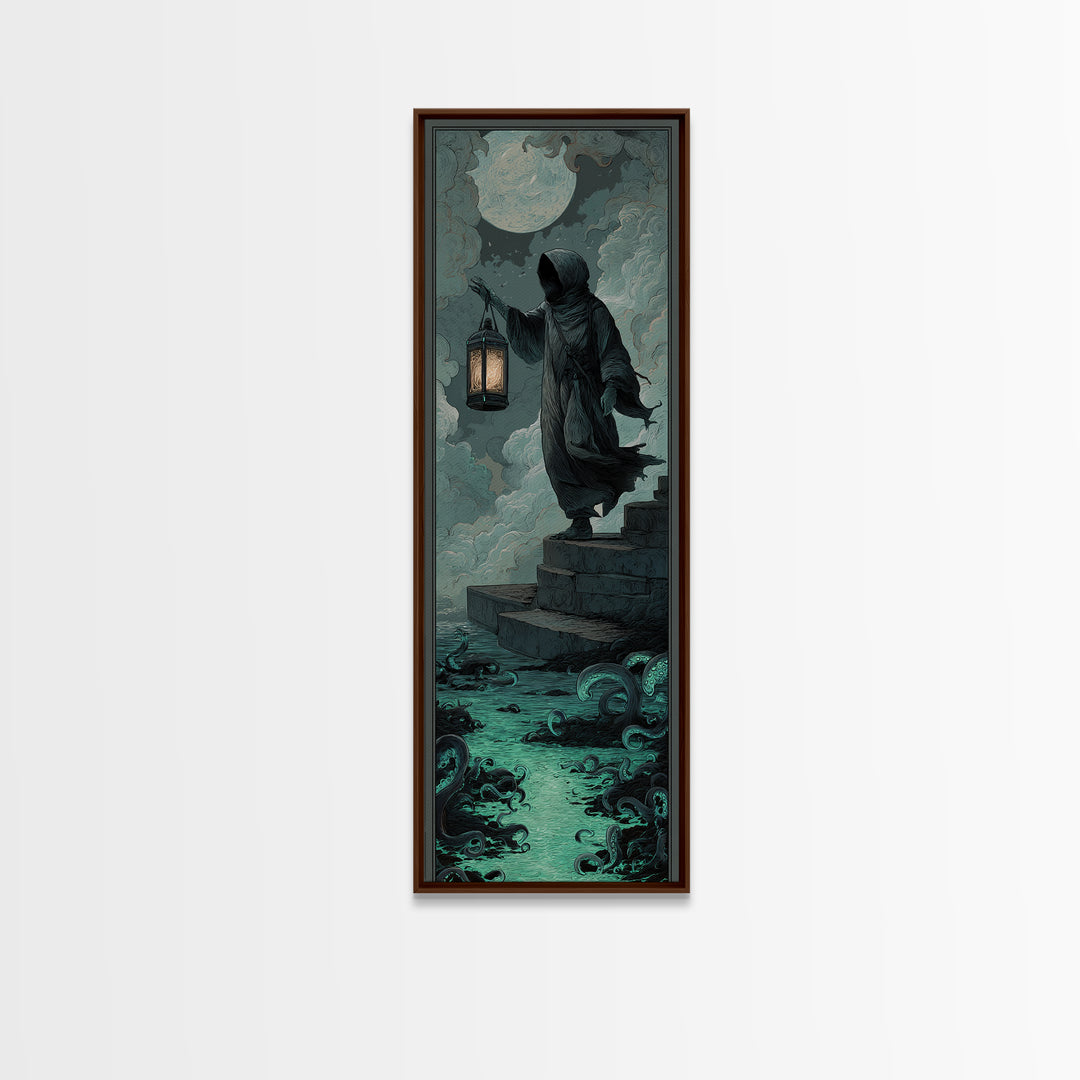 The Lantern-Bearer Of R’Lyeh, Tall Narrow Wall Art, Gothic Horror Wall Art, Framed Canvas Print, Halloween Wall Decor, Gothic Home Decor