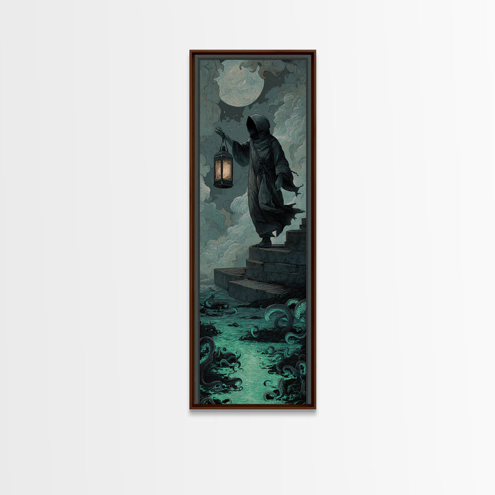 The Lantern-Bearer Of R’Lyeh, Tall Narrow Wall Art, Gothic Horror Wall Art, Framed Canvas Print, Halloween Wall Decor, Gothic Home Decor