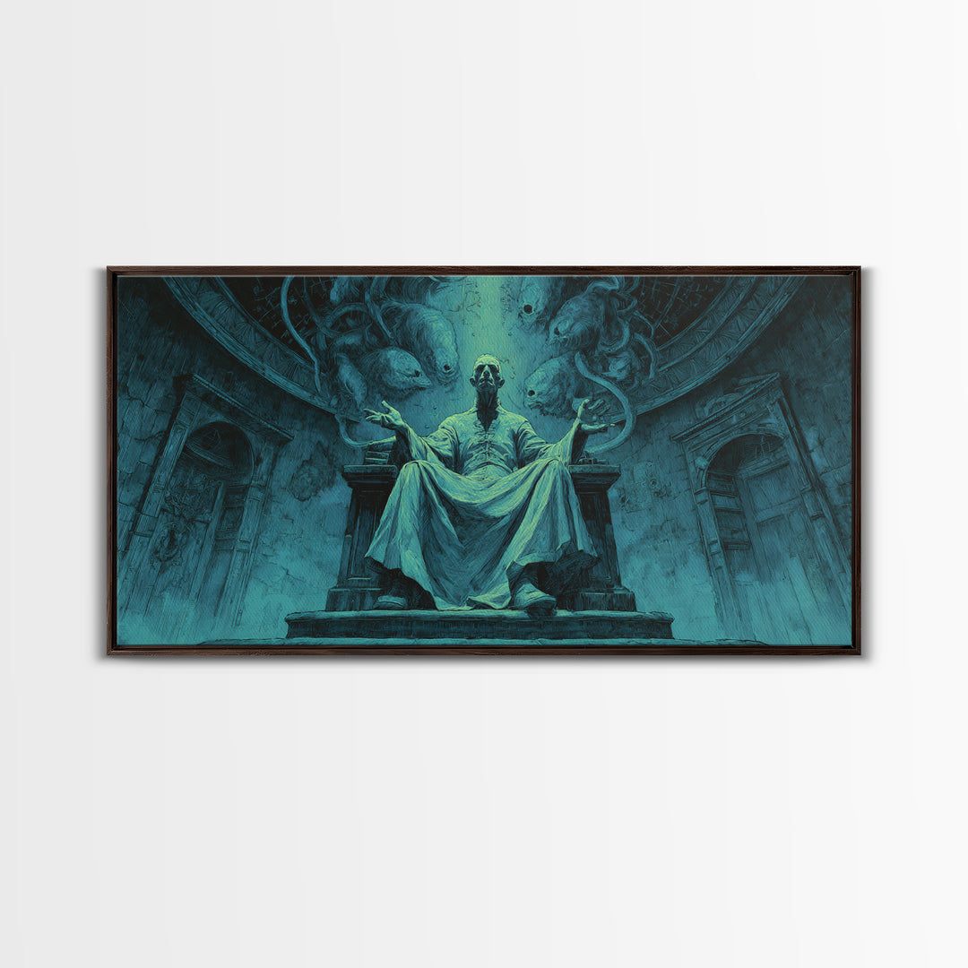 The Dreaming Priest Of The Outer Gate, Wide Panoramic Art, Gothic Horror Wall Art, Framed Canvas Print, Halloween Wall Decor