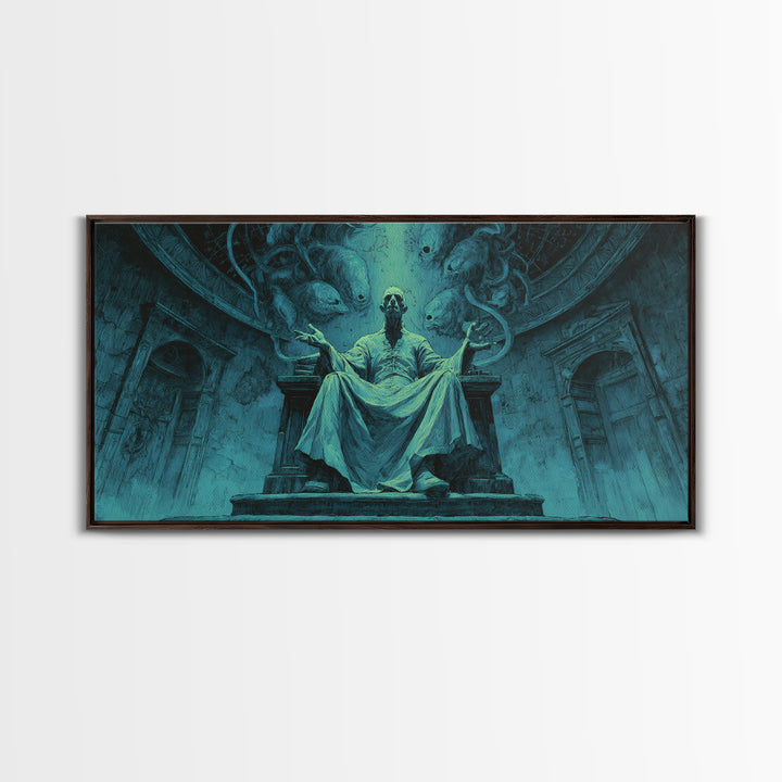 The Dreaming Priest Of The Outer Gate, Wide Panoramic Art, Gothic Horror Wall Art, Framed Canvas Print, Halloween Wall Decor
