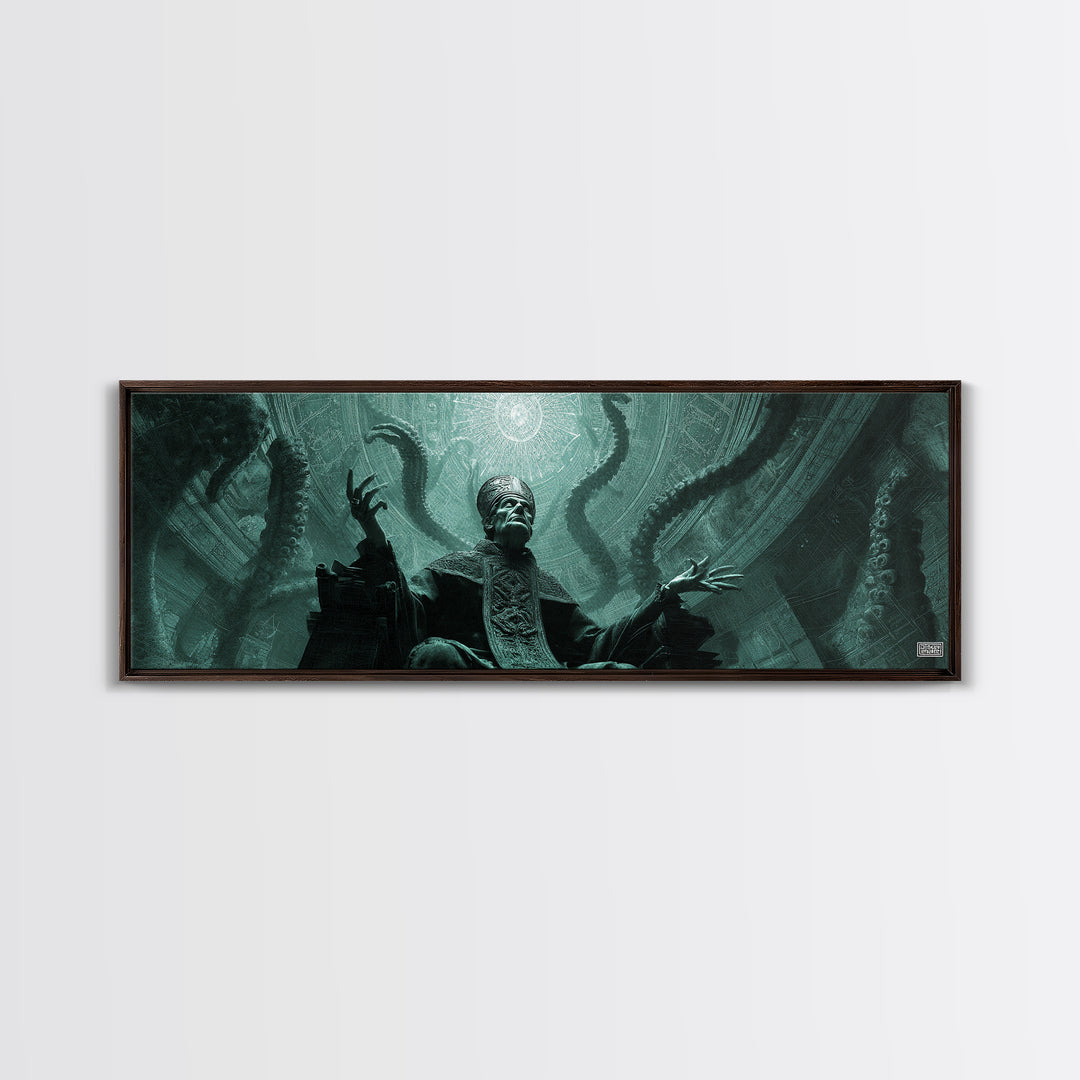 The Dreaming Priest Of The Outer Gate, Extra Wide Wall Art, Cosmic Horror Wall Art, Framed Canvas Print, Halloween Wall Decor