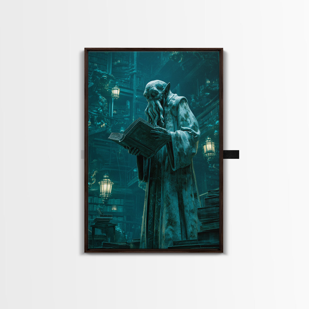 The Librarian Of Forbidden Tides, Vertical Wall Art, Gothic Horror Wall Art, Framed Canvas Print, Halloween Wall Decor, Gothic Home Decor