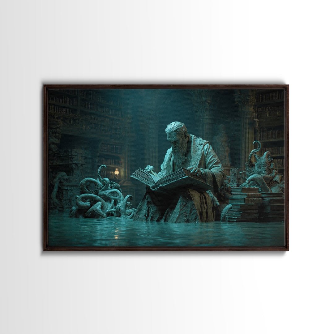 The Librarian Of Forbidden Tides, Landscape Wall Art, Lovecraftian Horror Art, Framed Canvas Print, Halloween Wall Decor, Gothic Home Decor