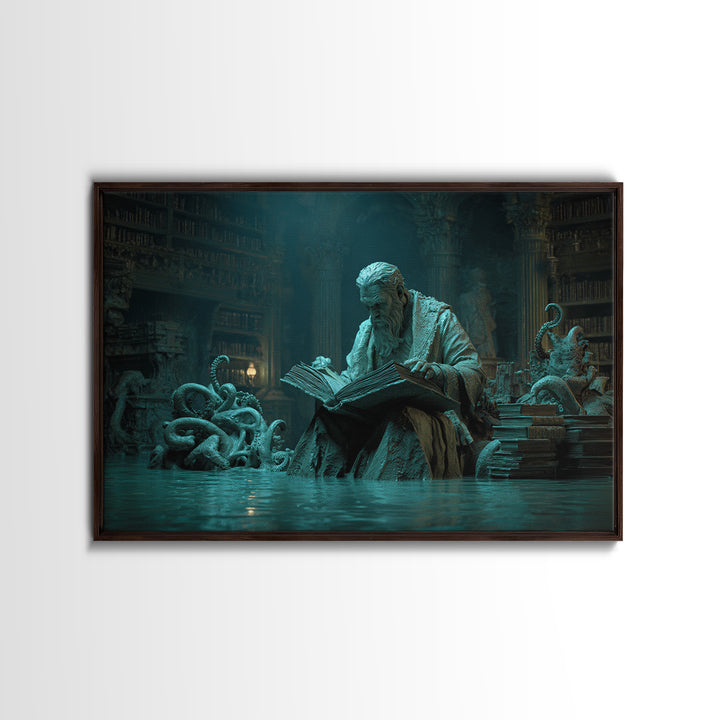 The Librarian Of Forbidden Tides, Landscape Wall Art, Lovecraftian Horror Art, Framed Canvas Print, Halloween Wall Decor, Gothic Home Decor