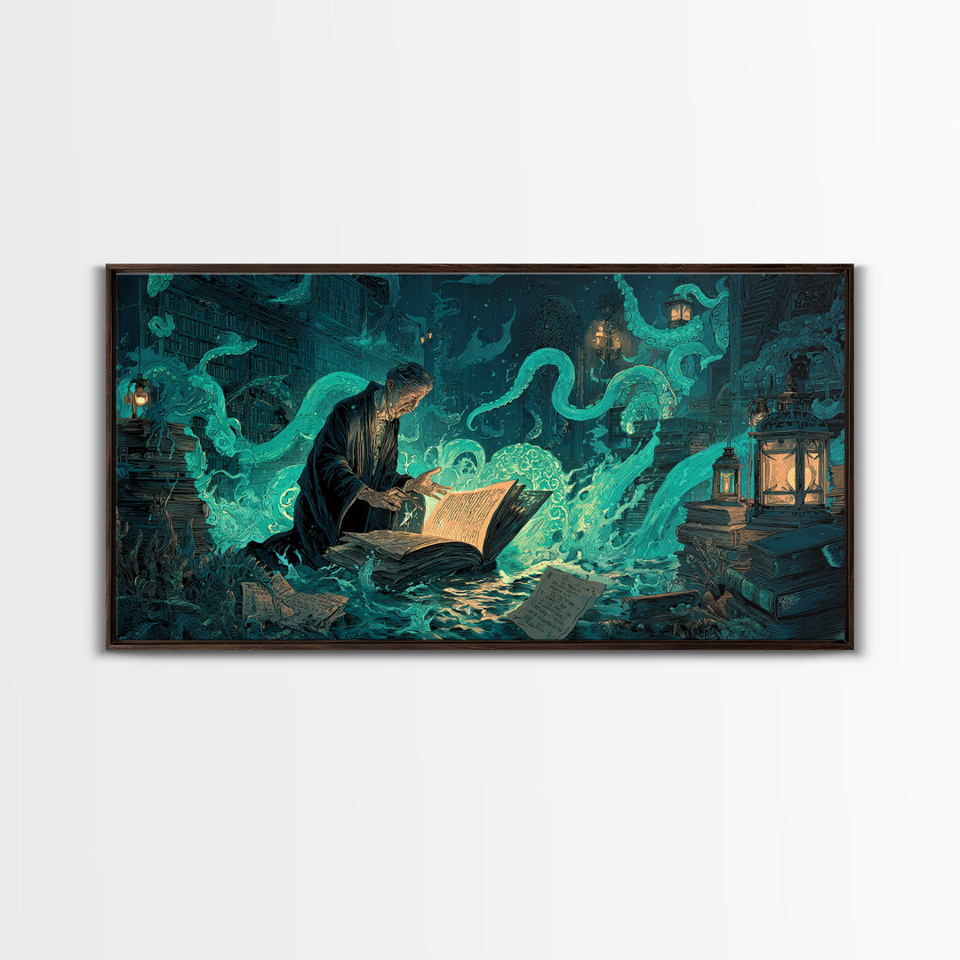 The Librarian Of Forbidden Tides, Wide Panoramic Art, Lovecraftian Horror Art, Canvas Print, Halloween Wall Decor, Gothic Home Decor