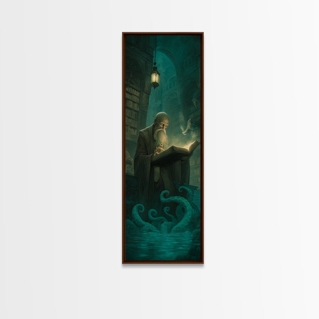 The Librarian Of Forbidden Tides, Tall Narrow Wall Art, Dark Fantasy Wall Art, Framed Canvas Print, Halloween Wall Decor, Gothic Home Decor