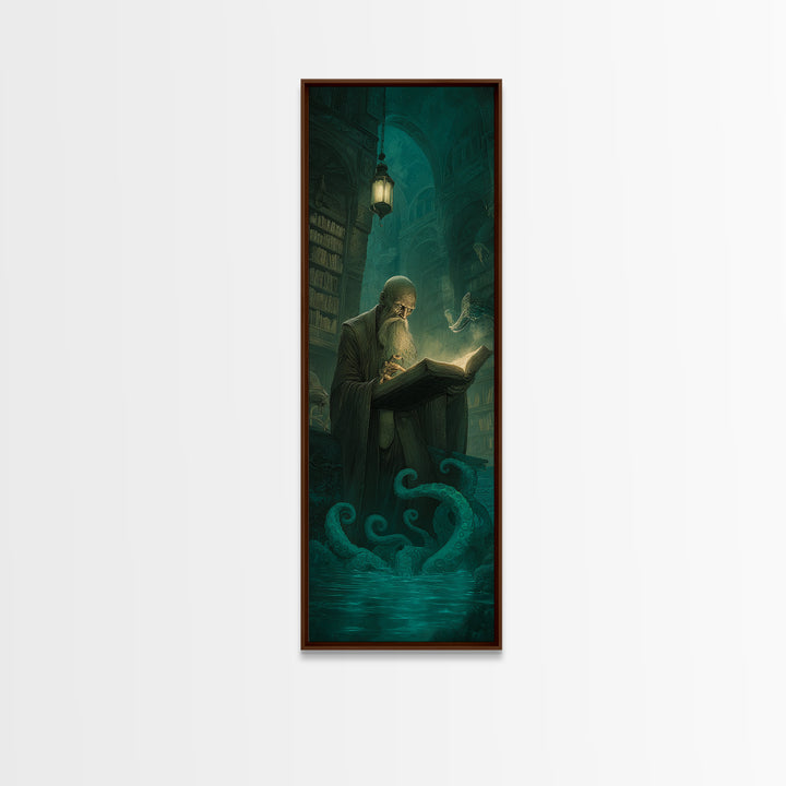 The Librarian Of Forbidden Tides, Tall Narrow Wall Art, Dark Fantasy Wall Art, Framed Canvas Print, Halloween Wall Decor, Gothic Home Decor