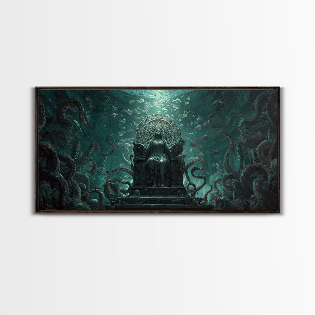 The Watcher In The Coral Throne, Wide Panoramic Art, Lovecraftian Horror Art, Framed Canvas Print, Halloween Wall Decor, Gothic Home Decor
