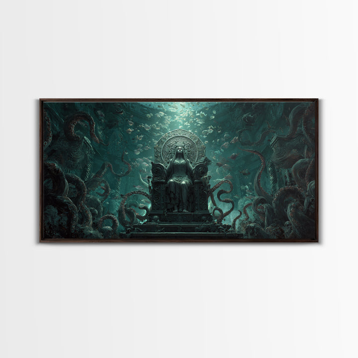 The Watcher In The Coral Throne, Wide Panoramic Art, Lovecraftian Horror Art, Framed Canvas Print, Halloween Wall Decor, Gothic Home Decor