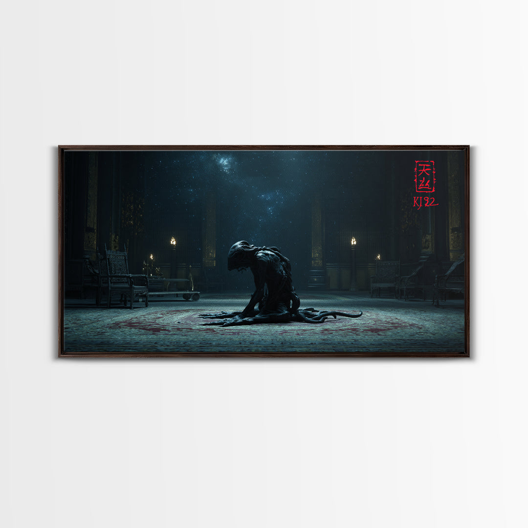 The Crawler Beneath The Floor Of Stars, Wide Panoramic Art, Eldritch Gothic Decor, Framed Canvas Print, Halloween Wall Decor