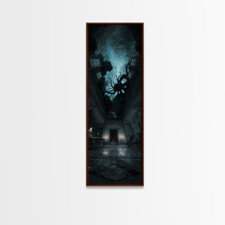 The Crawler Beneath The Floor Of Stars, Tall Narrow Wall Art, Spooky Home Decor, Framed Canvas Print, Halloween Wall Decor
