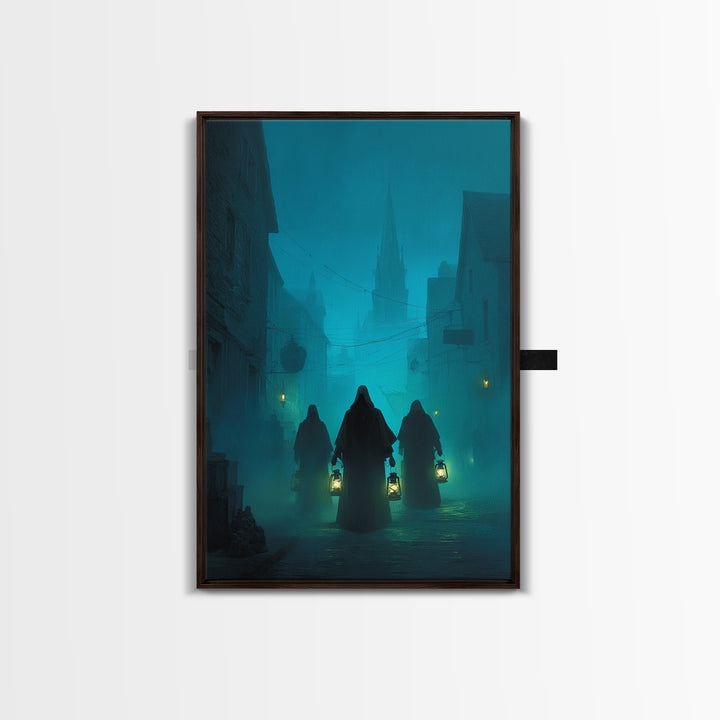 The Innsmouth Lantern Procession, Vertical Wall Art, Spooky Home Decor, Framed Canvas Print, Halloween Wall Decor, Gothic Home Decor