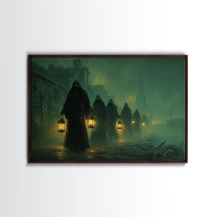 The Innsmouth Lantern Procession, Landscape Wall Art, Macabre Wall Art, Canvas Print, Halloween Wall Decor, Gothic Home Decor
