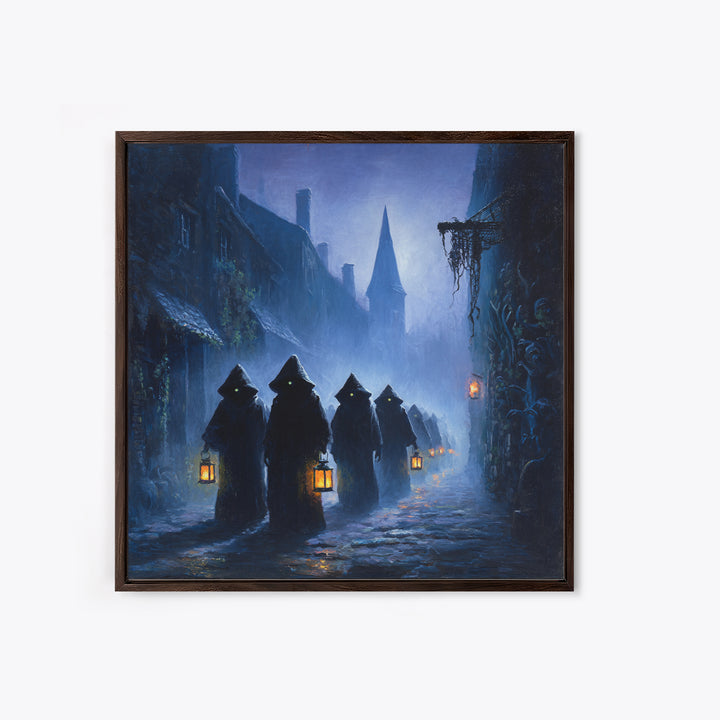 The Innsmouth Lantern Procession, Square Wall Art, Gothic Horror Wall Art, Framed Canvas Print, Halloween Wall Decor, Gothic Home Decor