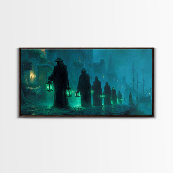 The Innsmouth Lantern Procession, Wide Panoramic Art, Eldritch Gothic Decor, Canvas Print, Halloween Wall Decor, Gothic Home Decor