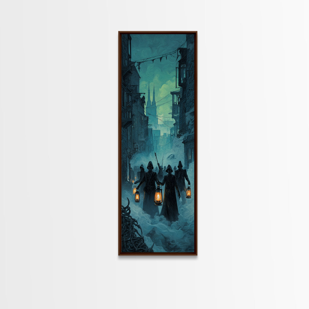 The Innsmouth Lantern Procession, Tall Narrow Wall Art, Gothic Horror Wall Art, Canvas Print, Halloween Wall Decor, Gothic Home Decor