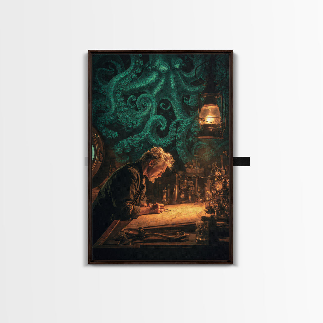 The Mapmaker Of Impossible Shores, Vertical Wall Art, Macabre Wall Art, Framed Canvas Print, Halloween Wall Decor, Gothic Home Decor