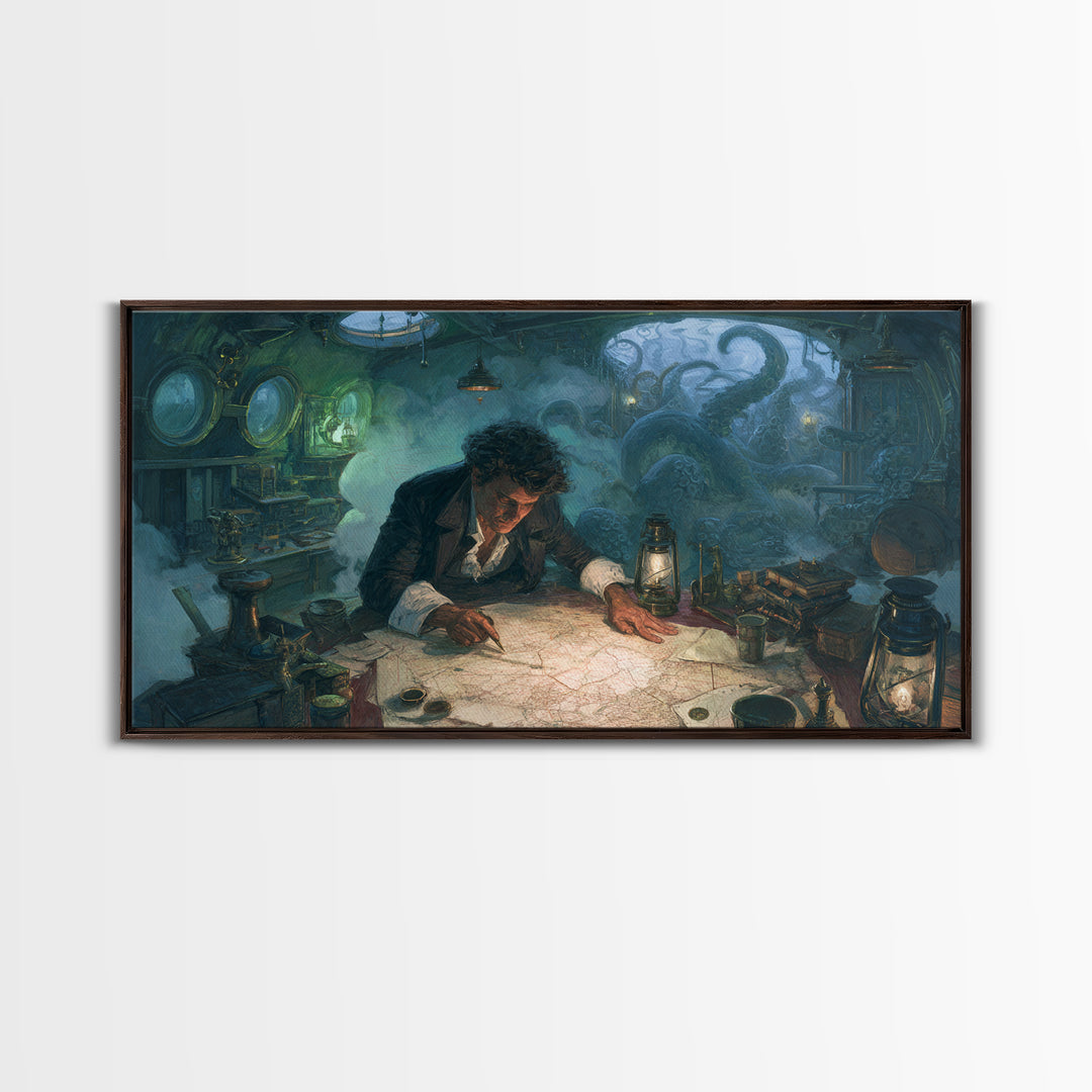 The Mapmaker Of Impossible Shores, Wide Panoramic Art, Eldritch Gothic Decor, Framed Canvas Print, Halloween Wall Decor, Gothic Home Decor