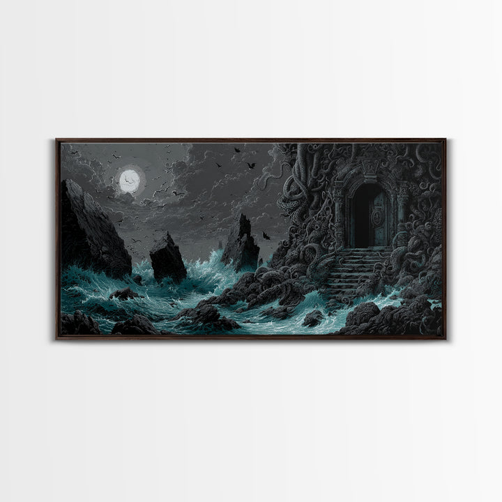 The Keeper Of The Black Reef Key, Wide Panoramic Art, Gothic Horror Wall Art, Canvas Print, Halloween Wall Decor, Gothic Home Decor