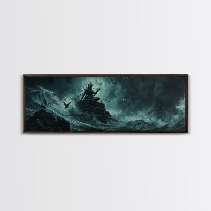 The Keeper Of The Black Reef Key, Extra Wide Wall Art, Lovecraftian Horror Art, Canvas Print, Halloween Wall Decor, Gothic Home Decor