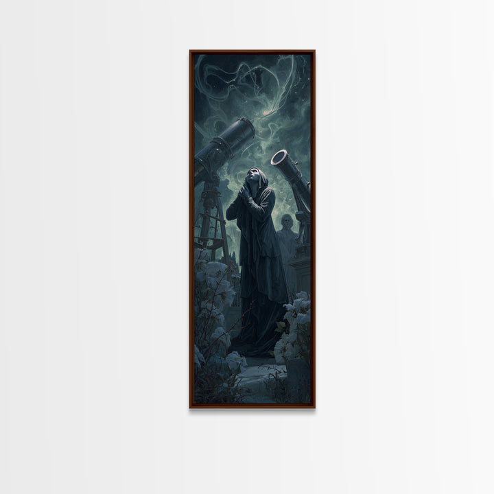 The Widow Of The Whispering Comet, Tall Narrow Wall Art, Macabre Wall Art, Framed Canvas Print, Halloween Wall Decor, Gothic Home Decor