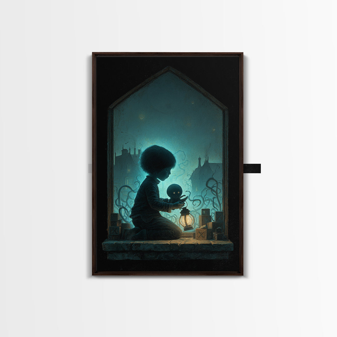 The Child Who Caught A Moon-Spawn, Vertical Wall Art, Eldritch Gothic Decor, Framed Canvas Print, Halloween Wall Decor, Gothic Home Decor