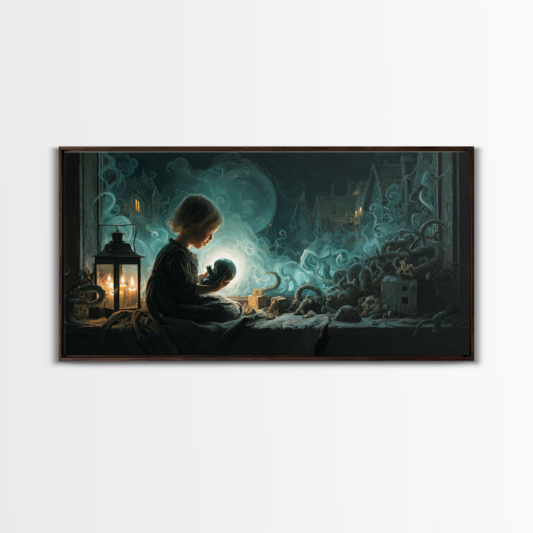 The Child Who Caught A Moon-Spawn, Wide Panoramic Art, Lovecraftian Horror Art, Framed Canvas Print, Halloween Wall Decor, Gothic Home Decor