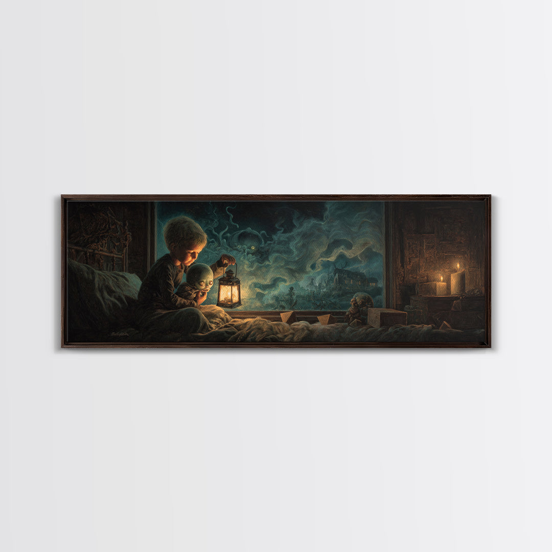 The Child Who Caught A Moon-Spawn, Extra Wide Wall Art, Eldritch Gothic Decor, Framed Canvas Print, Halloween Wall Decor, Gothic Home Decor
