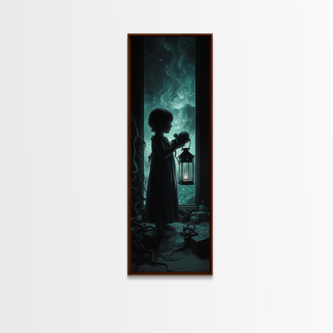 The Child Who Caught A Moon-Spawn, Tall Narrow Wall Art, Dark Halloween Decor, Framed Canvas Print, Halloween Wall Decor, Gothic Home Decor