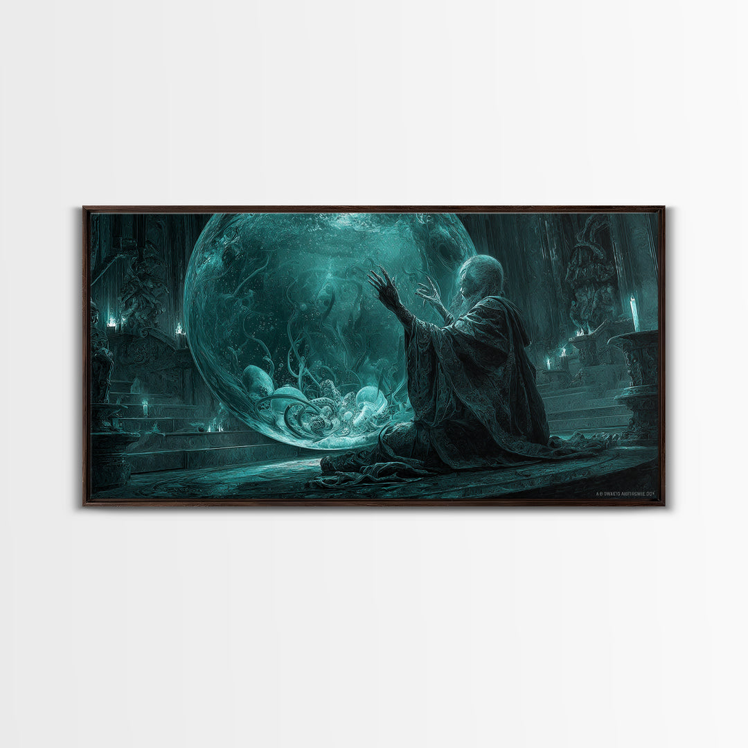 The Oracle Of The Glass Depths, Wide Panoramic Art, Haunted Gothic Art, Framed Canvas Print, Halloween Wall Decor, Gothic Home Decor