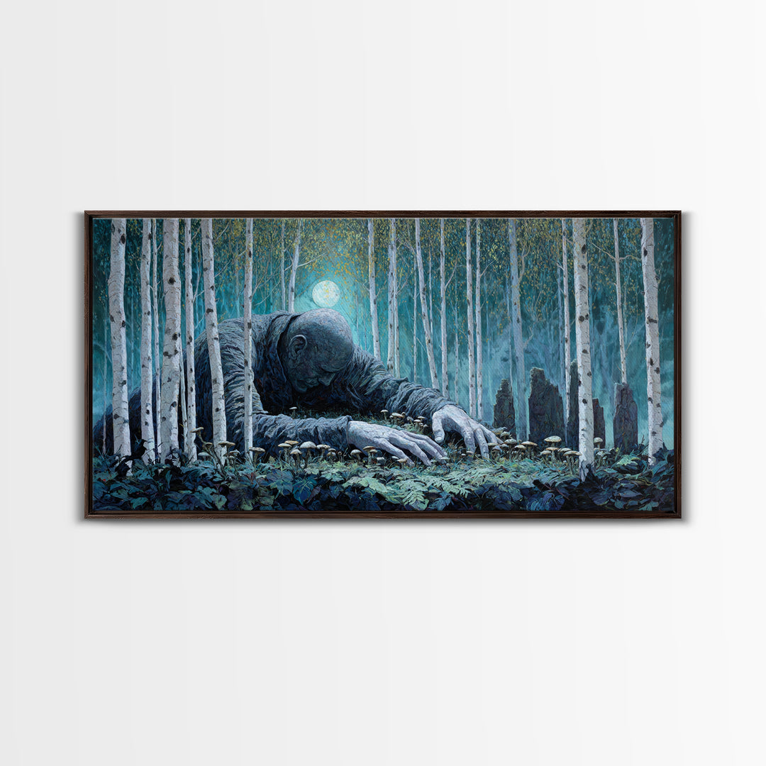 The Sleeper In The Birch Grove, Wide Panoramic Art, Lovecraftian Horror Art, Framed Canvas Print, Halloween Wall Decor, Gothic Home Decor