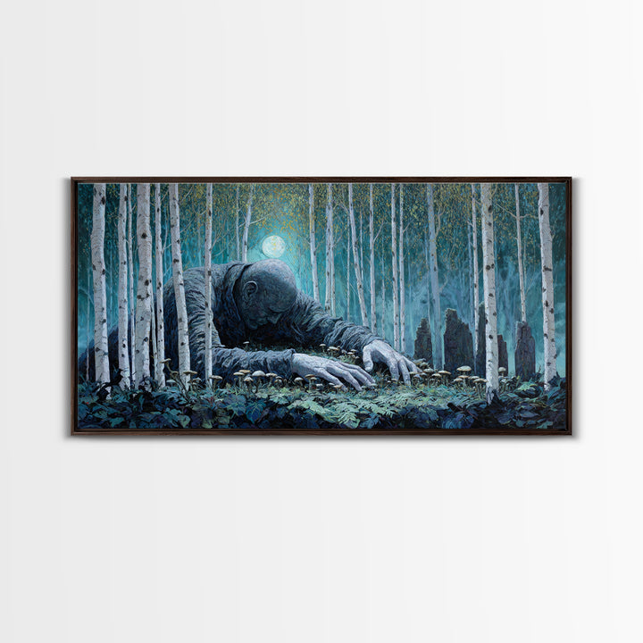 The Sleeper In The Birch Grove, Wide Panoramic Art, Lovecraftian Horror Art, Framed Canvas Print, Halloween Wall Decor, Gothic Home Decor