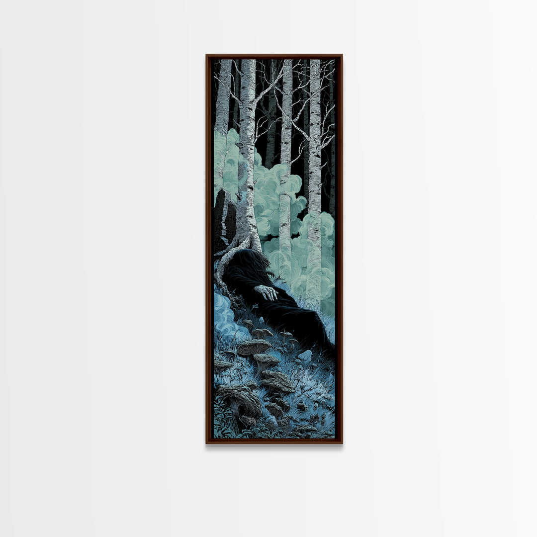The Sleeper In The Birch Grove, Tall Narrow Wall Art, Spooky Home Decor, Framed Canvas Print, Halloween Wall Decor, Gothic Home Decor