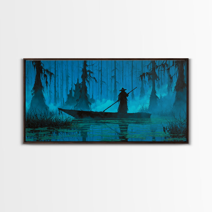 The Ferryman Of The Outer Marsh, Wide Panoramic Art, Lovecraftian Horror Art, Framed Canvas Print, Halloween Wall Decor, Gothic Home Decor