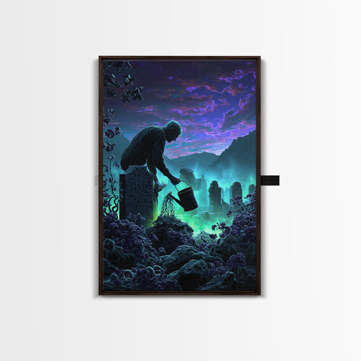 The Grave Gardener Of Yuggoth, Vertical Wall Art, Dark Fantasy Wall Art, Framed Canvas Print, Halloween Wall Decor, Gothic Home Decor
