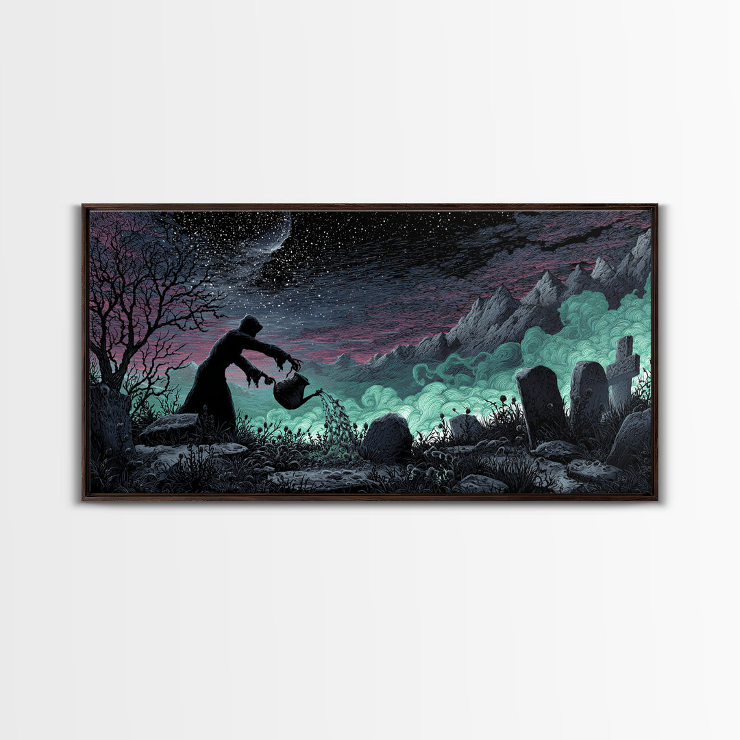 The Grave Gardener Of Yuggoth, Wide Panoramic Art, Spooky Home Decor, Canvas Print, Halloween Wall Decor, Gothic Home Decor, Halloween Decor