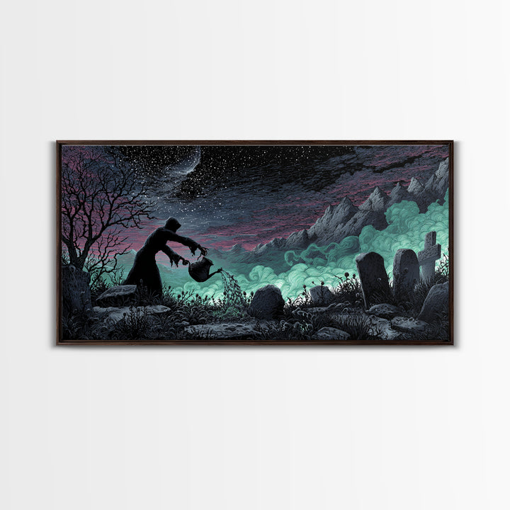 The Grave Gardener Of Yuggoth, Wide Panoramic Art, Spooky Home Decor, Canvas Print, Halloween Wall Decor, Gothic Home Decor, Halloween Decor
