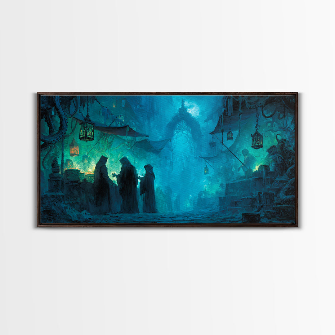 The Lantern Market Beyond The Veil, Wide Panoramic Art, Eldritch Gothic Decor, Framed Canvas Print, Halloween Wall Decor, Gothic Home Decor