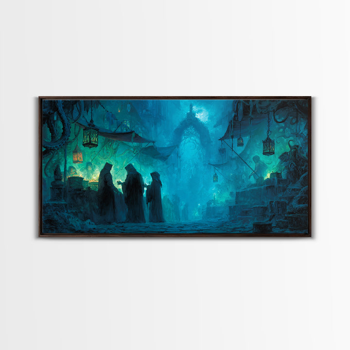 The Lantern Market Beyond The Veil, Wide Panoramic Art, Eldritch Gothic Decor, Framed Canvas Print, Halloween Wall Decor, Gothic Home Decor