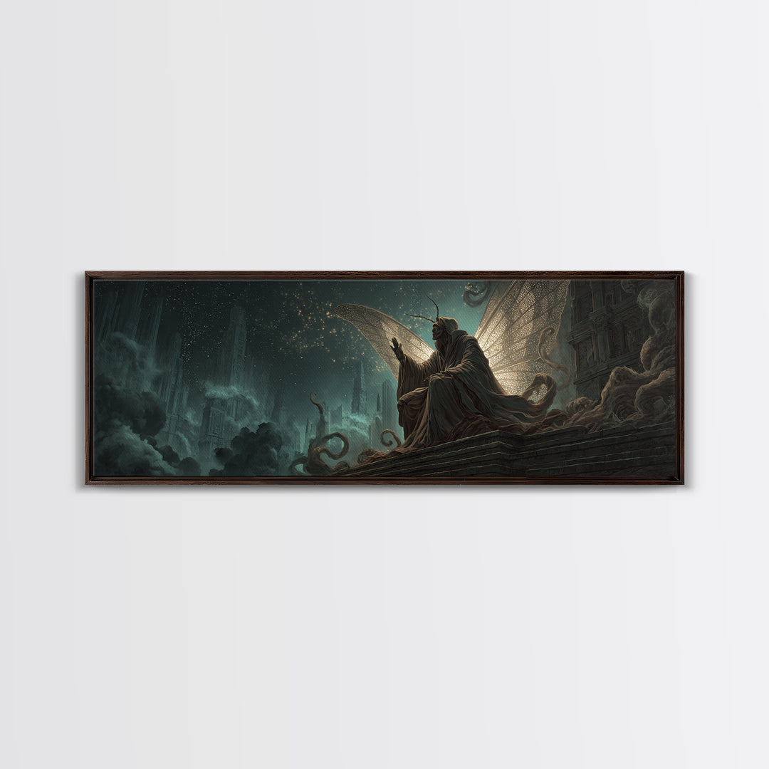 The Moth Prophet Of Kadath, Extra Wide Wall Art, Lovecraftian Horror Art, Canvas Print, Halloween Wall Decor, Gothic Home Decor