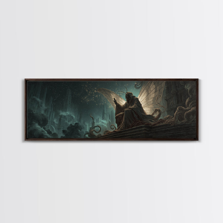 The Moth Prophet Of Kadath, Extra Wide Wall Art, Lovecraftian Horror Art, Canvas Print, Halloween Wall Decor, Gothic Home Decor
