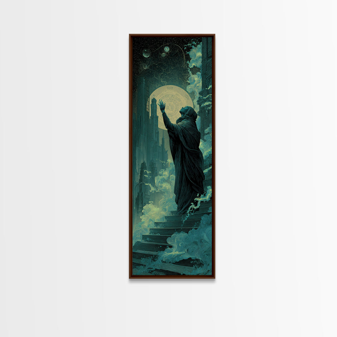 The Moth Prophet Of Kadath, Tall Narrow Wall Art, Macabre Wall Art, Framed Canvas Print, Halloween Wall Decor, Gothic Home Decor