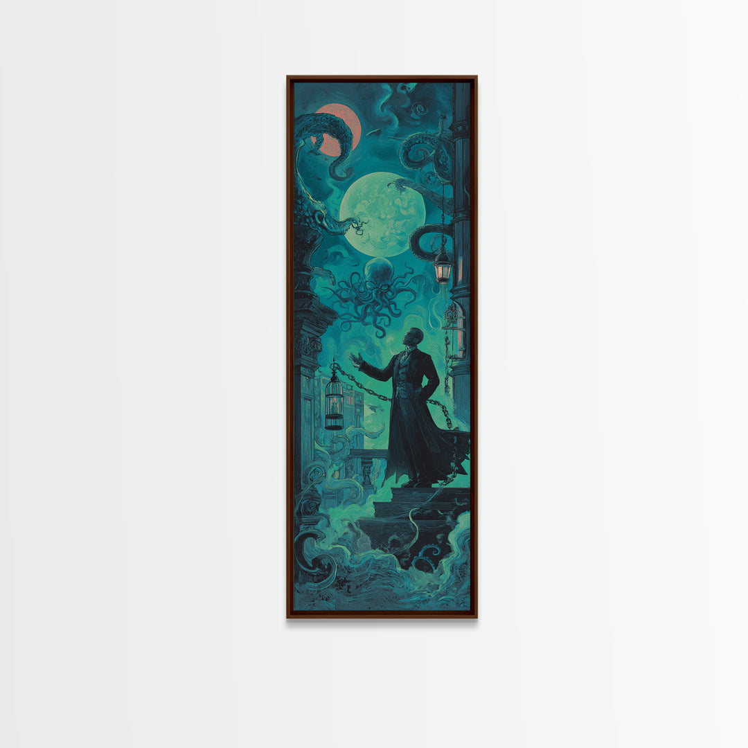 The Moonlit Shoggoth Menagerie, Tall Narrow Wall Art, Spooky Home Decor, Framed Canvas Print, Halloween Wall Decor, Gothic Home Decor