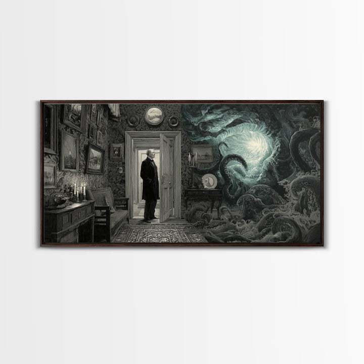 The Thirteenth Door Of Arkham House, Wide Panoramic Art, Gothic Horror Wall Art, Canvas Print, Halloween Wall Decor, Gothic Home Decor