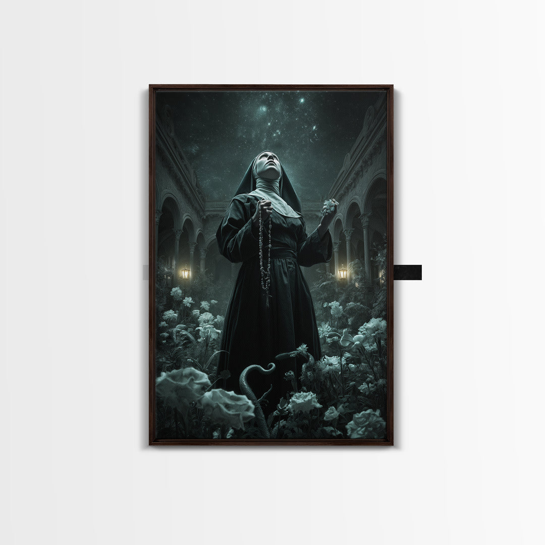 The Nun Of The Endless Constellation, Vertical Wall Art, Spooky Home Decor, Framed Canvas Print, Halloween Wall Decor, Gothic Home Decor