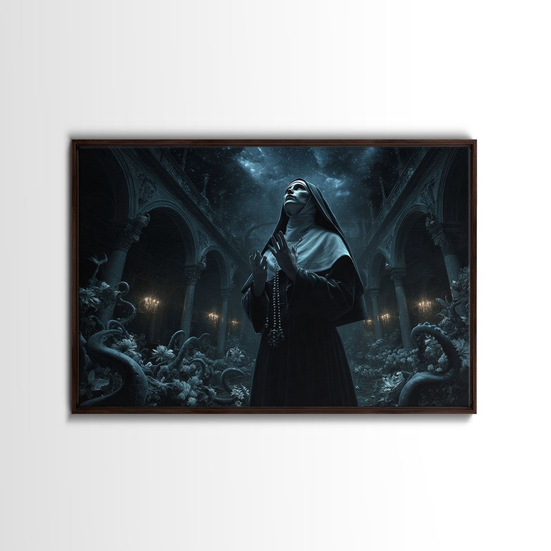 The Nun Of The Endless Constellation, Landscape Wall Art, Dark Halloween Decor, Framed Canvas Print, Halloween Wall Decor, Gothic Home Decor